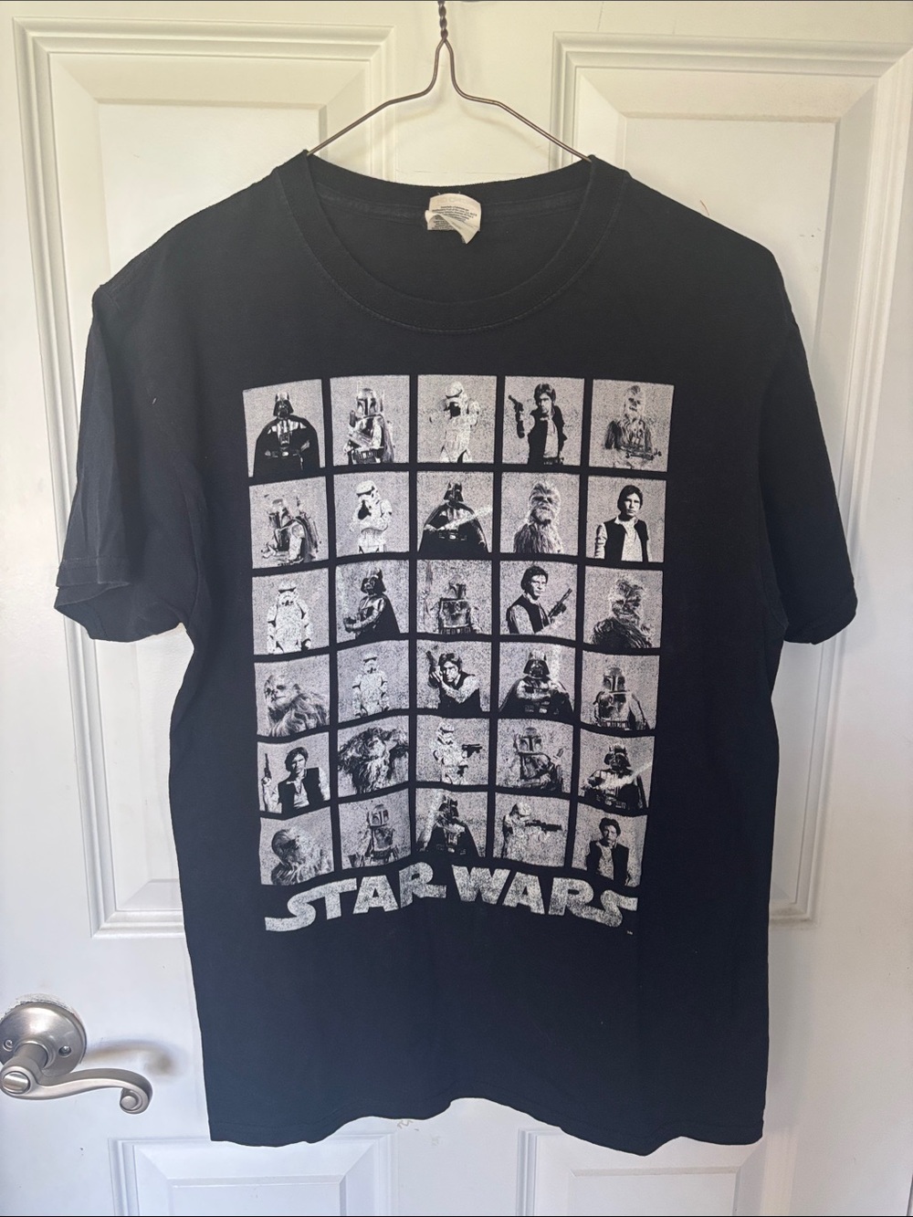 Star Wars Black Tee with Grayscale Character Icon Grid